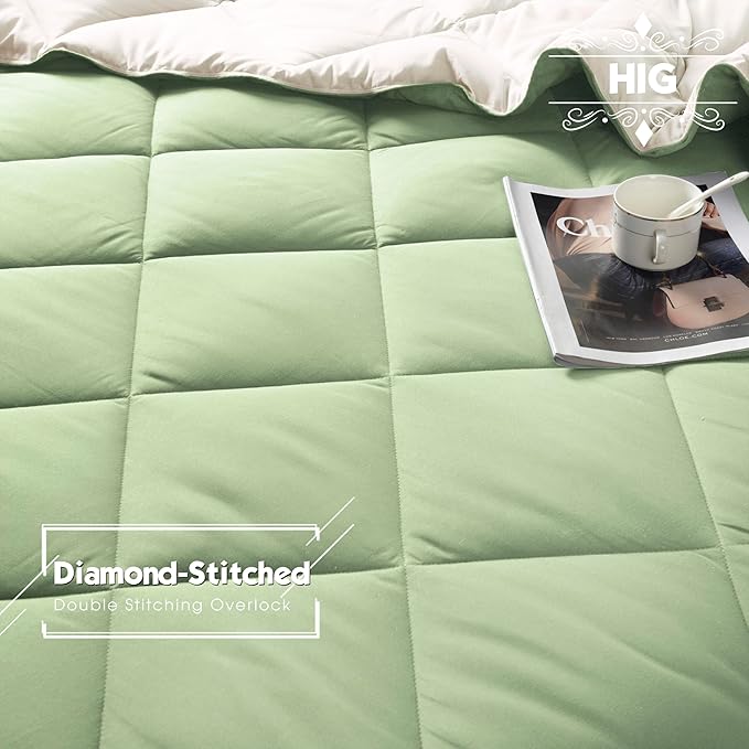 HIG 3pc Sage Green Queen Size Comforter Set-All Season Reversible Down Alternative Comforter with Two Shams -Quilted Duvet Insert with Corner Tabs - Diamond Stitched Blanket - Breathable, Soft, Fluffy