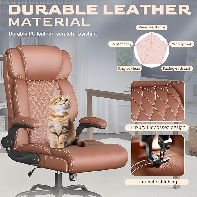 Office Chair, Ergonomic Big and Tall Executive Desk Chair, Breathable Leather Chair with Adjustable Flip-up Armrests, Lumbar Support Swivel Computer Chair with Rocking Function (Brown)