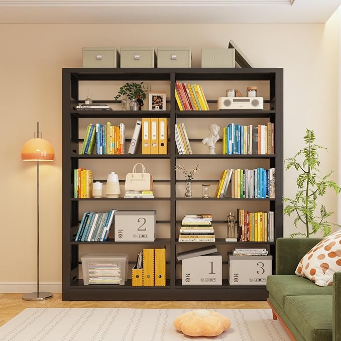 5 Tier Metal Bookshelf, 69" Tall Bookcase with Adjustable Storage Shelves, Heavy Duty Metal Book Shelf Organizer for Living Room, Office, Library, Including Book Stoppers (Black, Set of 2)