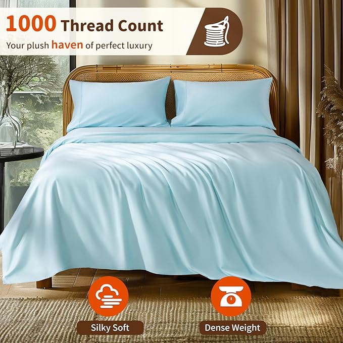 LBRO2M 1000 Thread Count 100% Egyptian Cotton Sheets Set California King Size, 4 Piece Sets Bed Sheet Deep Pocket Sheet Set 16" Soft Comfortable All Season (Clifornia King, Light Blue)