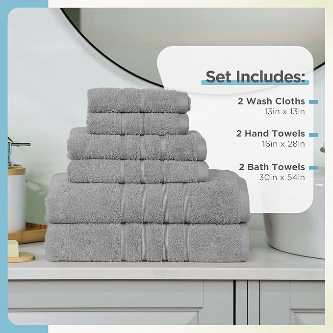 Martex 6-Piece Towel Set – Ultimate Performance – 100% Cotton – 2 Bath Towels – 2 Hand Towels – 2 Wash Cloths – Versatile – Low-Linting – Supersoft & Absorbent Bathroom Set – Easy Care – Monument Gray