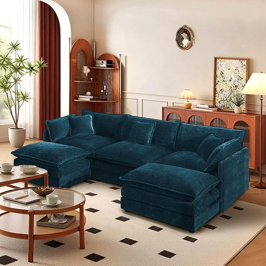 SoarFlash Chenille Sectional Sofa, Comfy L Shaped Modular Coush Sofa with Ottoman, Modern 3 Seat Couch Deep Seat Sofa Set for Living Room,Deep Blue