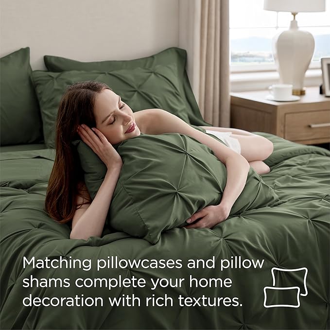 Bedsure Twin Comforter Set Olive Green - Bed in a Bag Twin Size Bedding 5 Pieces, GentleSoft™ Pintuck Bed Set Gift for Family, Pinch Pleat Olive Green Comforter with Sheets, Pillowcase & Sham