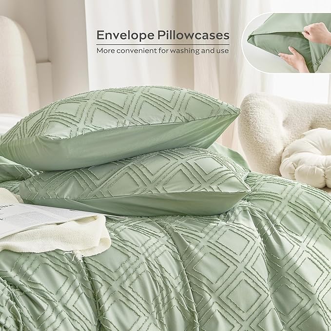 JELLYMONI Duvet Cover Twin Size Light Green - 3PCS Boho Duvet Cover Set Plaid Polyester Tufted Bohemian Jacquard Knit Textured Comforter Cover 68×90in Rhombic Geometric Pattern Corner Ties & Zipper