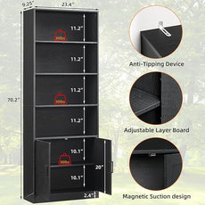 70in Tall Bookshelf 6 Tier Bookcase with Barn Doors and Adjustable Shelf, Black Farmhouse Book Shelves with Storage Cabinet,Wood Floor Standing Display Bookshelve for Bedroom,Living Room,Kitchen