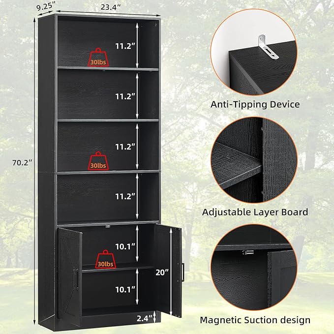 70in Tall Bookshelf 6 Tier Bookcase with Barn Doors and Adjustable Shelf, Black Farmhouse Book Shelves with Storage Cabinet,Wood Floor Standing Display Bookshelve for Bedroom,Living Room,Kitchen
