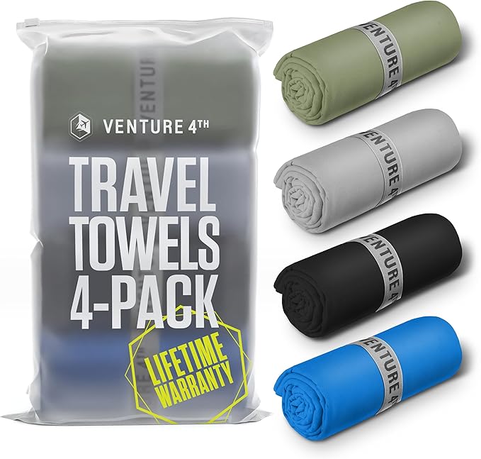 VENTURE 4TH - 4pcs Quick Dry Towels. Microfiber Travel Towels Ideal for Camping, Hiking, Backpacking, Gym. Lightweight & Fast Drying Travel Towels for Body. Compact & Easy to Pack - 4 Pack Extra Large