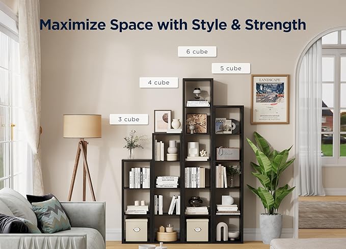 4 Cube Storage Organizer Single Row, Cube Shelf with Heavy-Duty Thick Boards, 13.31" L x 9.37" W x 48.82" H, Smooth Easy-Clean Panels, Simple Assembly, for Living Room Bedroom Office, Black