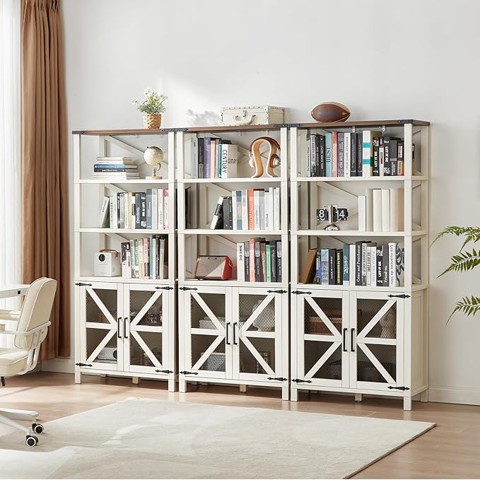 5 Tier Bookshelf 70" Tall Bookcase with Barn Doors,Large Farmhouse Display Book Shelf with Adjustable Shelves and Storage Cabinet，Library Wood Bookshelves for Living Room,Kitchen,White(2PCS)
