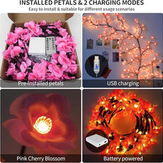 Cherry Enchanted Willow Vine Lights, 5.25FT 72LED Pink Cherry Blossom Tree Branch Lights for Wall, Remote Timer,8 Light Model,Bedroom Wall Doors Wedding, Christmas, USB Battery Box