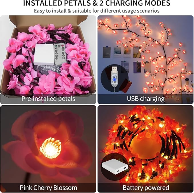 Cherry Enchanted Willow Vine Lights, 5.25FT 72LED Pink Cherry Blossom Tree Branch Lights for Wall, Remote Timer,8 Light Model,Bedroom Wall Doors Wedding, Christmas, USB Battery Box