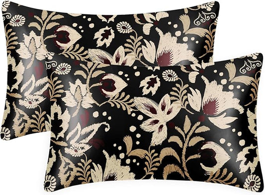 EXQ Home Satin Pillowcase for Hair and Skin Queen - Printed Red Flowers Silk Pillow Cases 2 Pack 20x30 inches - Satin Pillow Cases Set of 2 with Envelope Closure, Gifts for Women Men
