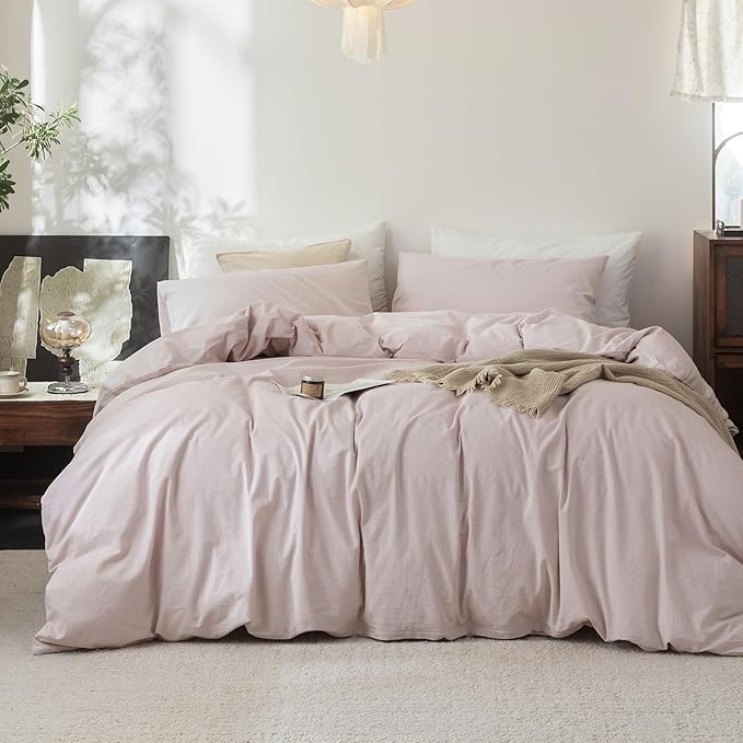 FOSSA Duvet Cover Set 100% Washed Cotton Linen Feel Super Soft Breathable Cozy 3 Pieces Bedding Sets Solid Greyish Pink King