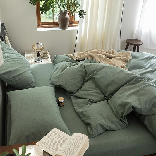 FOSSA Duvet Cover Set 100% Washed Cotton Linen Feel Super Soft Breathable Cozy Simple Style 3 Pieces Bedding Sets Solid Heathered Green Super King