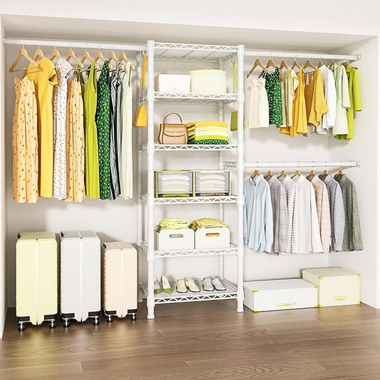 Ulif M5 Wall Mounted Clothes Garment Rack, Heavy Duty Closet Storage and Organizer with 6 Shelves and 3 Expandable Hanger Rods, Space Saver Suit (46.2-102.4)" W x 14" D x 83.1" H, White