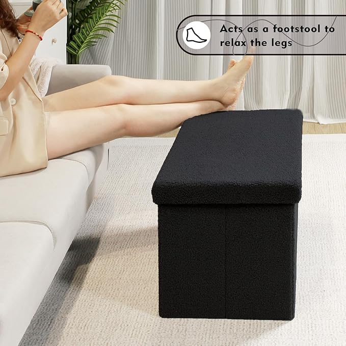 PINPLUS Folding Storage Ottoman Bench, Black Sherpa Ottoman for Living Room, Long Shoes Storage Chest Boxes Footrest Bench for Bedroom, Living Room, Entryway, 31.5Inches