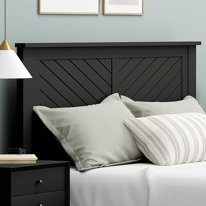 Serene Poplar Wood Queen Size Headboard in Black, Modern Farmhouse Panel with Chevron Scoring, Casual Coastal Style, Easy Assembly, Quality Materials