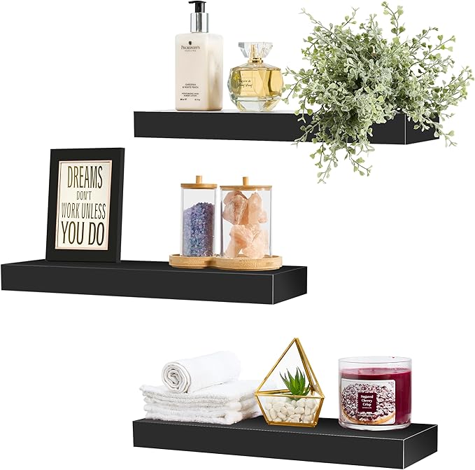 Sorbus Floating Shelves for Wall - Set of 3 Black Wood Shelves for Living Room, Kitchen, Bedroom, Bathroom Storage - 16" Book Shelf for Wall Decor, Home Decor, Farmhouse, Frames & Trophy Display