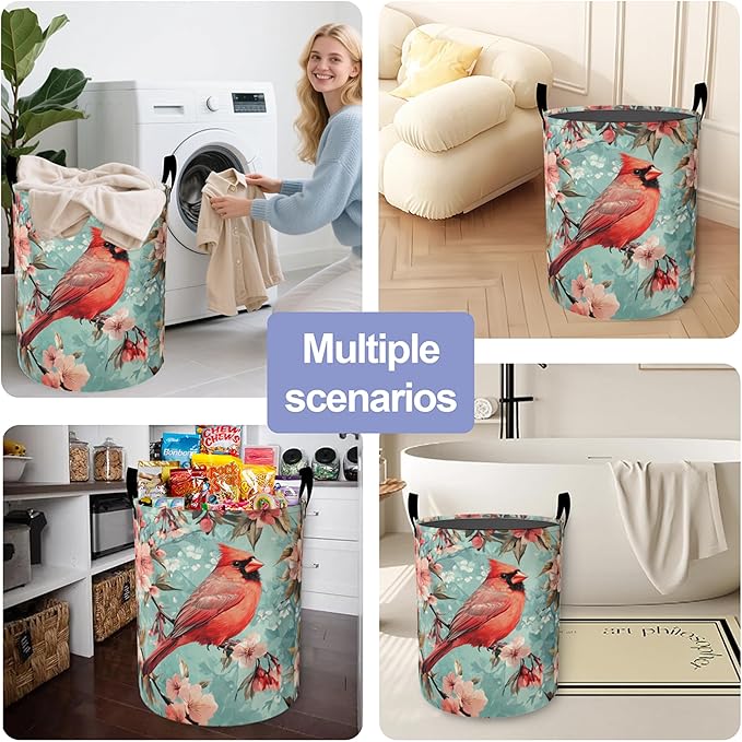 Vintage Cardinal Bird Laundry Basket, Flowers Oxford Cloth Laundry Hamper With Handle Foldable Portable Clothes Storage Basket Storage Bag For Laundry Room/Bathroom/Bedroom/Dormitories