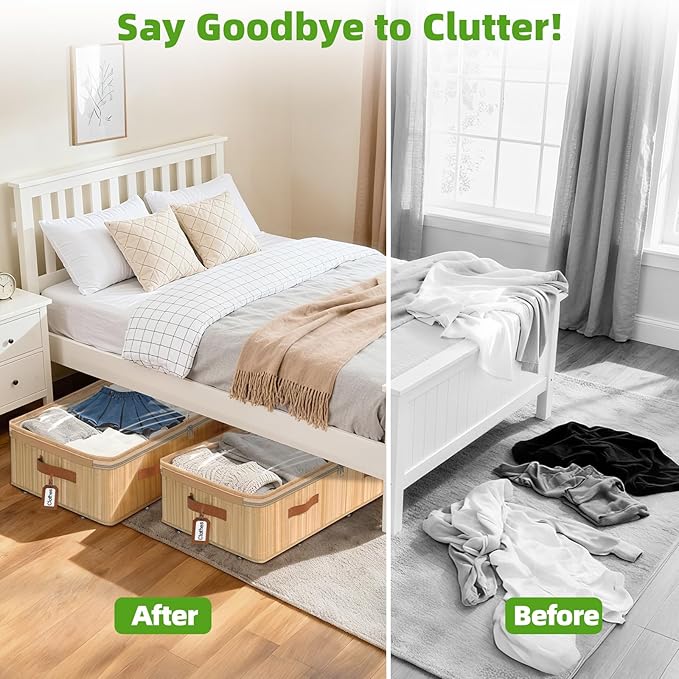 Livole 2 Pack Bamboo Under Bed Storage with Wheels, 6 inches Underbed Storage Containers, 56L XXL Rolling Under Bed Storage Bins with Clear Lid & Label for Clothes, Blankets, Sweater, Shoes