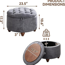 24Inch Round Storage Ottoman with Tray, Modern Tufted Circle Coffee Table with Storage, Upholstered Ottoman with Removable Top for Living Room, Bedroom, Chenille Blue