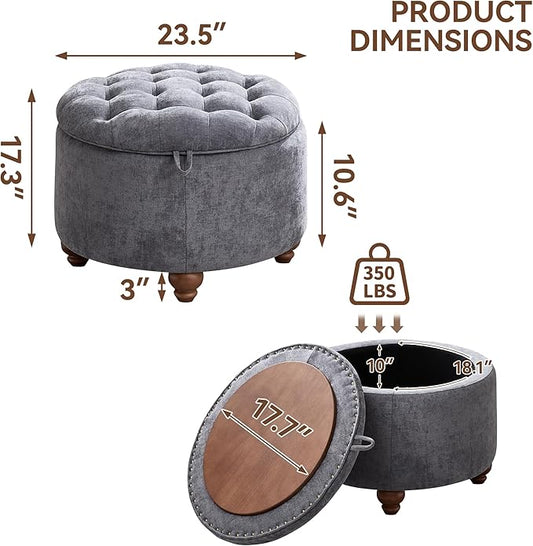 24Inch Round Storage Ottoman with Tray, Modern Tufted Circle Coffee Table with Storage, Upholstered Ottoman with Removable Top for Living Room, Bedroom, Chenille Blue