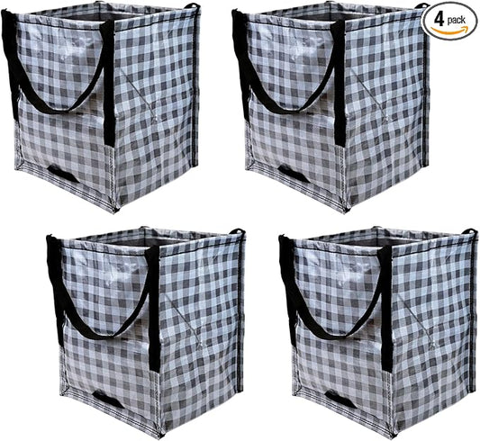 DURASACK Heavy Duty Storage Tote Bag 22-Gallon Rugged Woven Polypropylene Moving Bag, Reusable Self-Standing Design, Holds up to 500 Pounds, Pack of 4, Gingham Gray