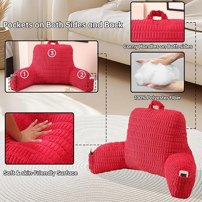 Reading Pillow for Sitting in Bed, Large Backrest Reading Pillow with Arm Rest,Back-Rest Support Cushion for Sit Up on Couch, Sofa, and Floor, Dorm Essentials (Red Corduroy, Large(19"))