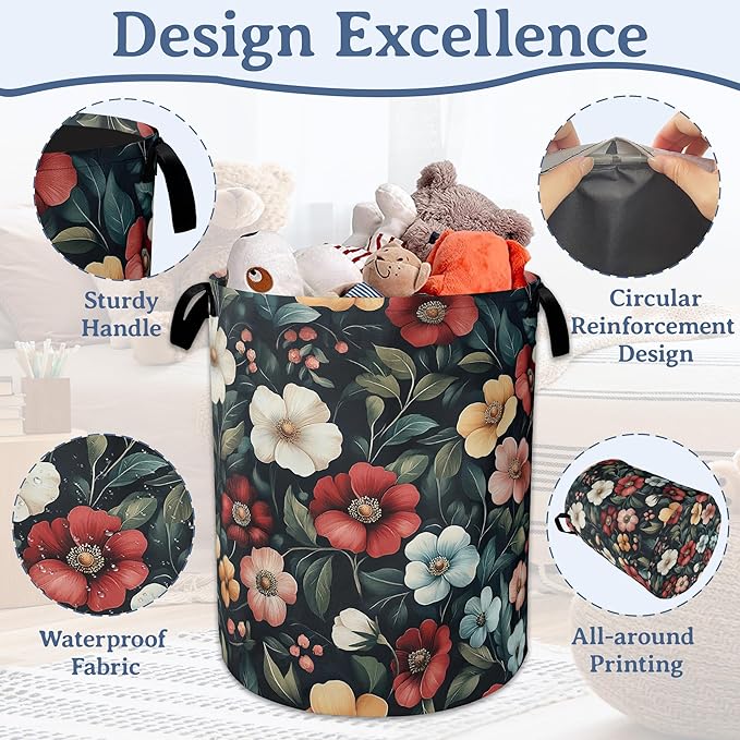 Floral Boho Laundry Basket,Foldable Oxford Cloth Pink Flower Vintage Laundry Hamper with Handles, 20.8"x16" Tote Bag Clothes Storage Bucket for Laundry Room/Bathroom/Bedroom/Dormitories