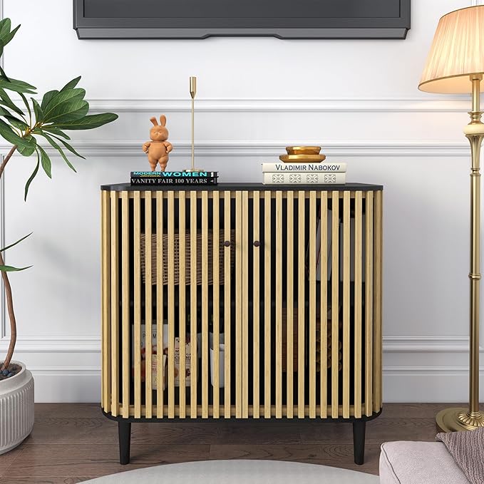 Sideboard Buffet Cabinet with Slatted Bamboo Doors, 31.5" Accent Storage Cabinet with Curved Design, Coffee Bar Cabinet Credenzas for Living Room, Kitchen, Entryway