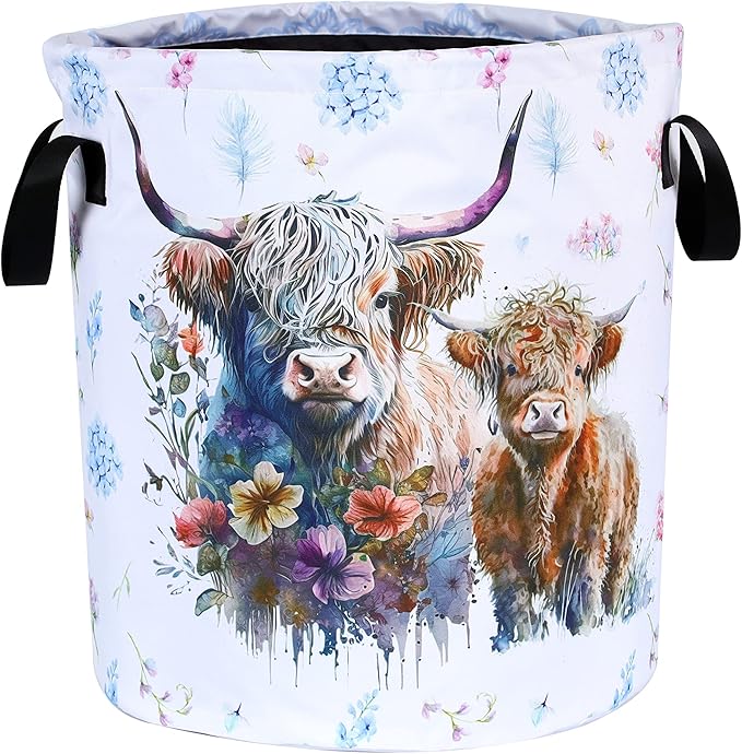 Highland Cow Laundry Basket Cattle Animal Foldable Oxford Cloth Funny Tote Bag Laundry Hamper Clothes Storage Bucket Organizer For Bathroom/Laundry Storage/Bedroom 17.7x13.7 Inch