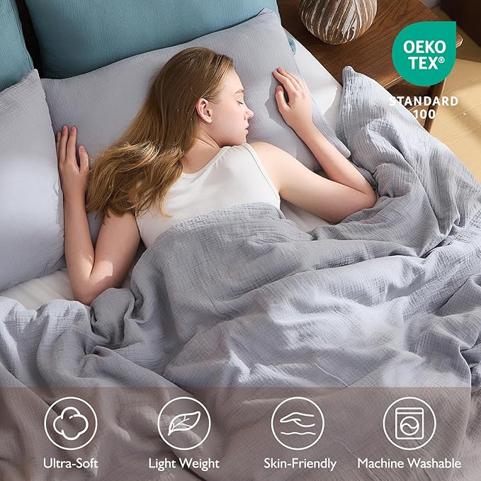 EMME Muslin Cotton Duvet Cover Set Light Grey King Size Linen Like Soft Breathable Lightweight Summer Comforter Cover Set with Zipper Closure (Light Grey, King, 104"x90")