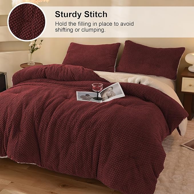 3D Jacquard Design Comforter Set, Ultra-Soft Warm Queen Size Sherpa Fur Plush 3-Pieces Sets Luxury Cozy Bedding with 2 Pillowcases (90"x90", Burgundy)