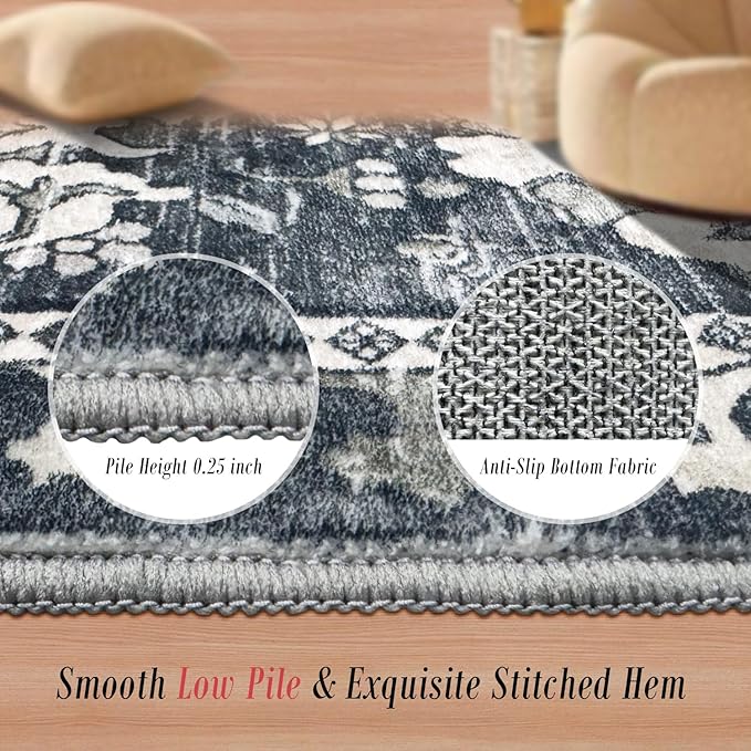 RUGSURE Washable Area Rugs - Perfect for Living Room, Bedroom, Kids Room, Nursery - Stain & Water Resistant Non-Slip, Pet & Child Friendly, Vintage Tribal Area Rugs (Grey, 8' x 10')