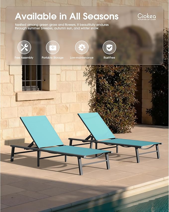 Ciokea Upgraded Aluminum Outdoor Lounge Chair - No Assembly Needed, Foldable Patio Chaise Lounge with 5 Adjustable Positions, Reinforced Frame for Extra Durability, Pool Beach Lounge Chair,Lake Blue