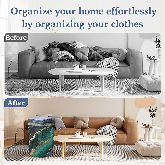 Marble Laundry Basket,Foldable Oxford Cloth Green Gold Flowing Marble Laundry Hamper With Handle, 20.8"x16" Portable Clothes Storage Basket Bag for Laundry Room/Bathroom/Bedroom/Dormitories