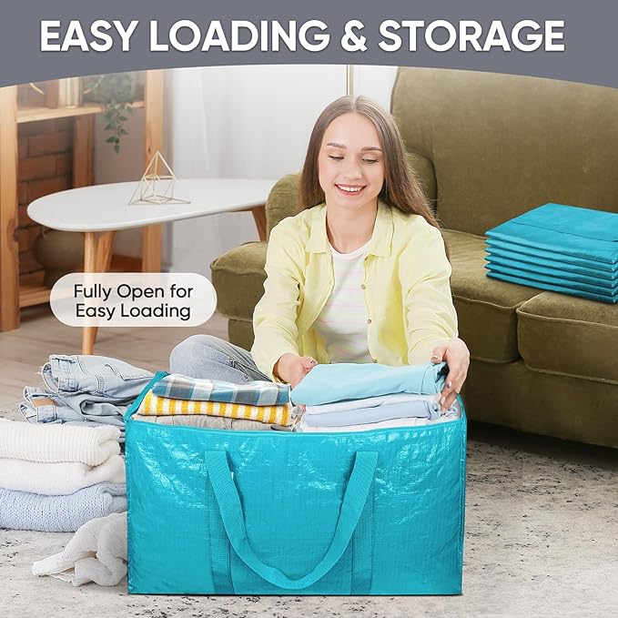 TICONN 8 Pack Extra Large Moving Bags with Zippers & Carrying Handles, Heavy-Duty Storage Tote Moving Boxes for Space Saving (8 Pack, Aqua)