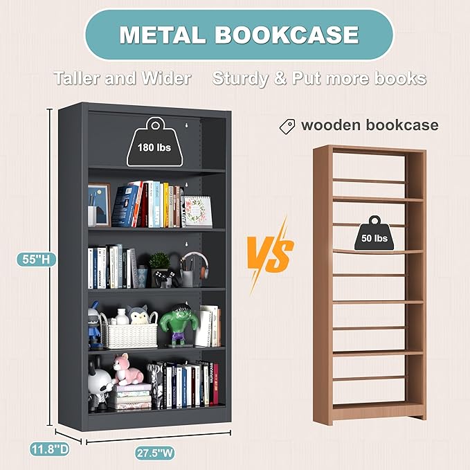 Bookcase,5 Tier Black Bookshelves,55" Tall Free Standing Metal Bookcase with Adjustable Storage Shelves, Industrial Wide Bookshelf for Bedroom Living Room Home Office School (Black)