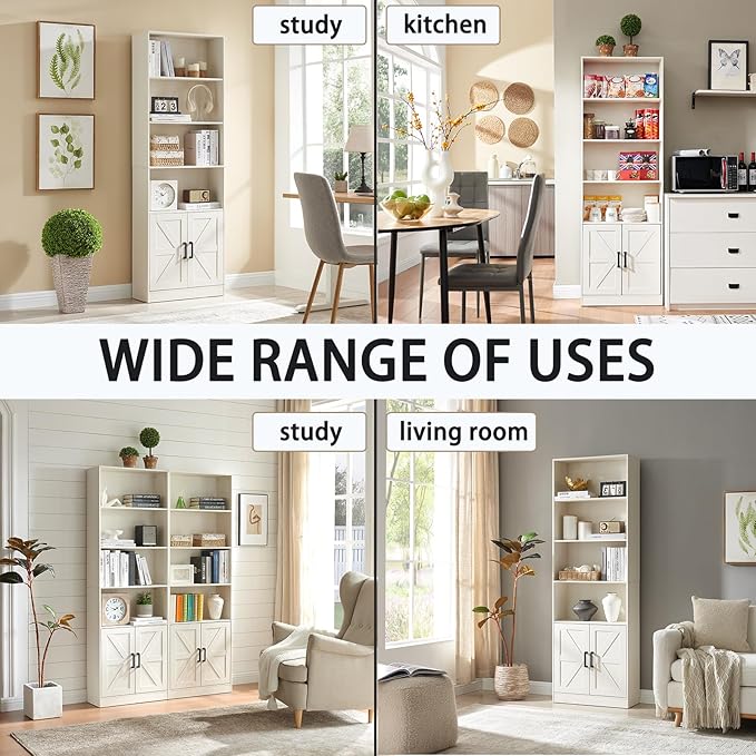 70in Tall Bookshelf 6 Tier Bookcase with Barn Doors and Adjustable Shelf, White Farmhouse Book Shelves with Storage Cabinet