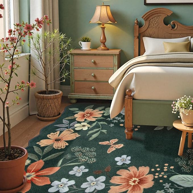 Lahome Floral Washable 6x9 Area Rugs, Soft Bedroom Rug for Living Room Ultra-Thin Non Slip Dining Room Rug, Stain Resistant Boho Rugs Easy Clean Throw Carpet for Office(6'x9',Dark Green)