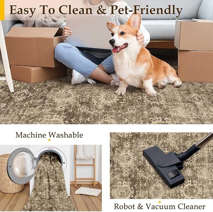 2x6 Washable Runner Rug for Kitchen Hallway Brown Vintage Non-Slip Low Pile Distressed Rustic Carpet Lightweight Vacuumable Soft Long Throw Rug for Indoor Entryway Bedroom