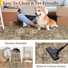 8x10 Washable Area Rug for Living Room Bedroom Brown Vintage Large Distressed Rustic Low Pile Carpet Non-Slip Lightweight Vacuumable Soft Throw Rug for Indoor Dining Room