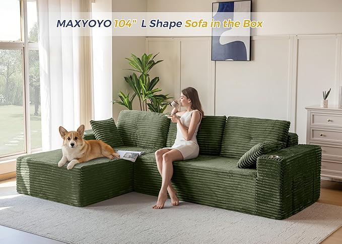MAXYOYO 104" Modular Sectional Couch with L-Shape Chaise, Modern Boneless Couch for Living Room, Sofa in A Box, Oversized Sofa Sleeper with Deep Seat, No Assembly Required, Green