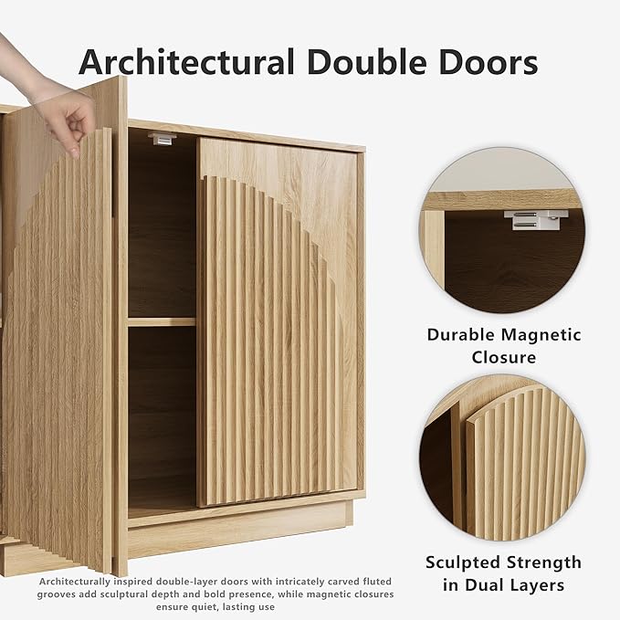 win2win Fluted Sideboard Buffet Cabinet with Storage, 31.5" Modern Boho Accent Cabinet with Double-Layered Arch Doors, Small Wood Console Credenza for Living Room, Dining Room, Entryway, Hallway, Oak