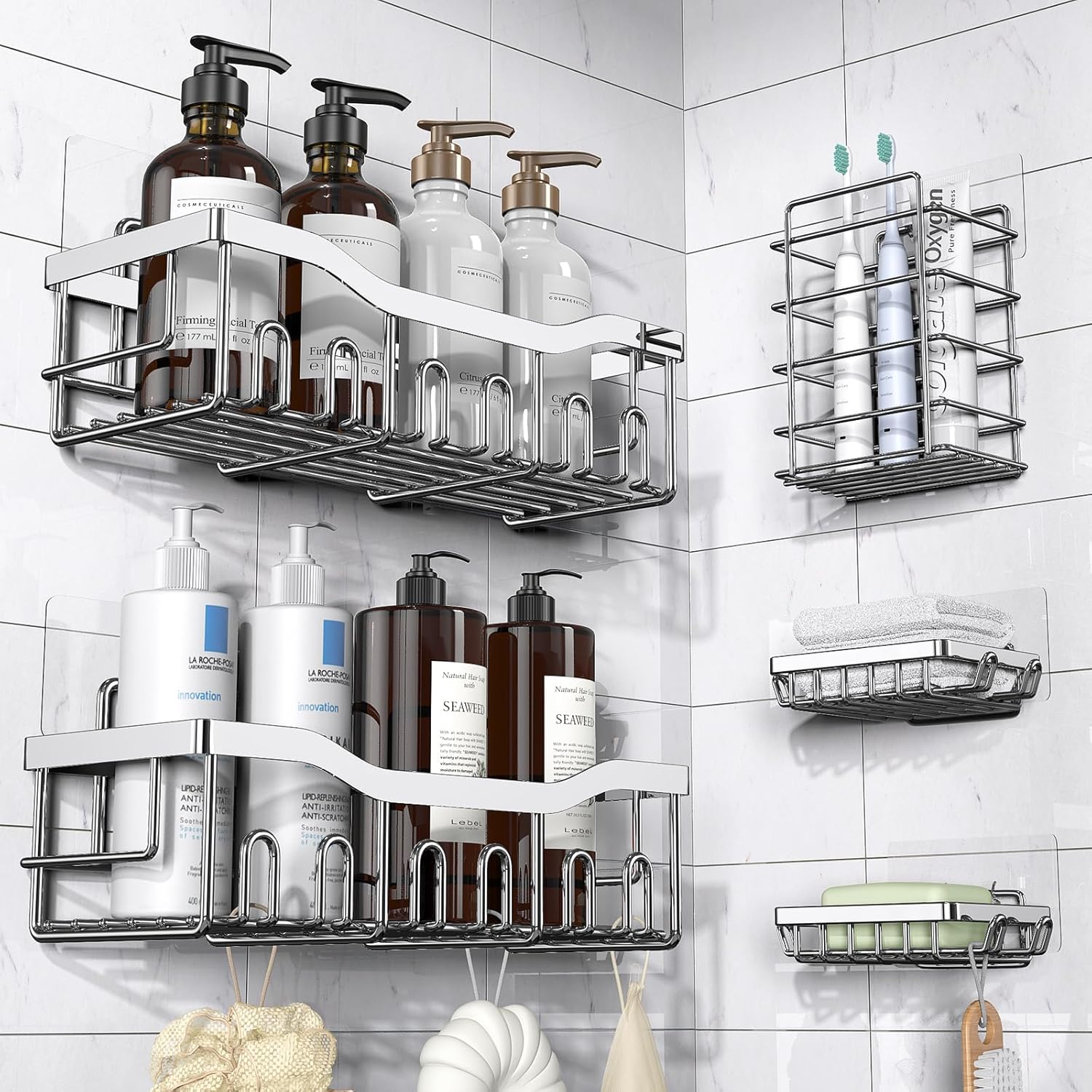 EUDELE Adhesive Shower Caddy, 5 Pack Rustproof Stainless Steel Bath Organizers With Large Capacity, No Drilling Shelves for Bathroom Storage & Home Decor Dormly