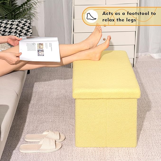 PINPLUS Storage Ottoman Bench, Folding Upholstered Sherpa Ottoman, Large Storage Chest Footrest with Lids, Entryway Bench for Living Room, Yellow, 31.5'' x 15.7'' x 15.7''