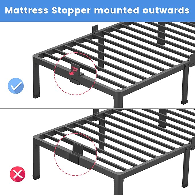 MAF 18 Inch Queen Bed Frames with Round Corner Legs Mattress Slide Stopper No Box Spring Needed Heavy Duty Metal Platform Bed Frame Under-Bed Storage Space, 3000 LBS Steel Slats Support