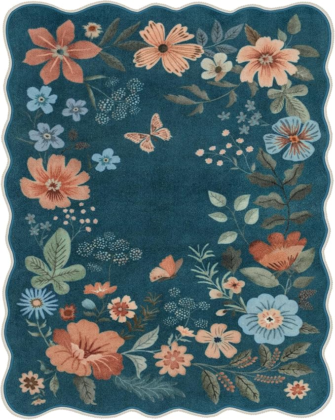 Lahome Floral Washable 6x9 Area Rugs, Soft Bedroom Rug for Living Room Ultra-Thin Non Slip Dining Room Rug, Stain Resistant Boho Blue Rugs Easy Clean Throw Carpet for Office(6'x9',Navy Blue)