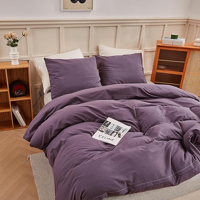 ECOCOTT Purple Duvet Cover Twin Size - 100% Washed Cotton Durable Soft Comfy Duvet Cover Set, 3 Pieces Duvet Cover with Zipper Closure (Purple, 68''x90'')
