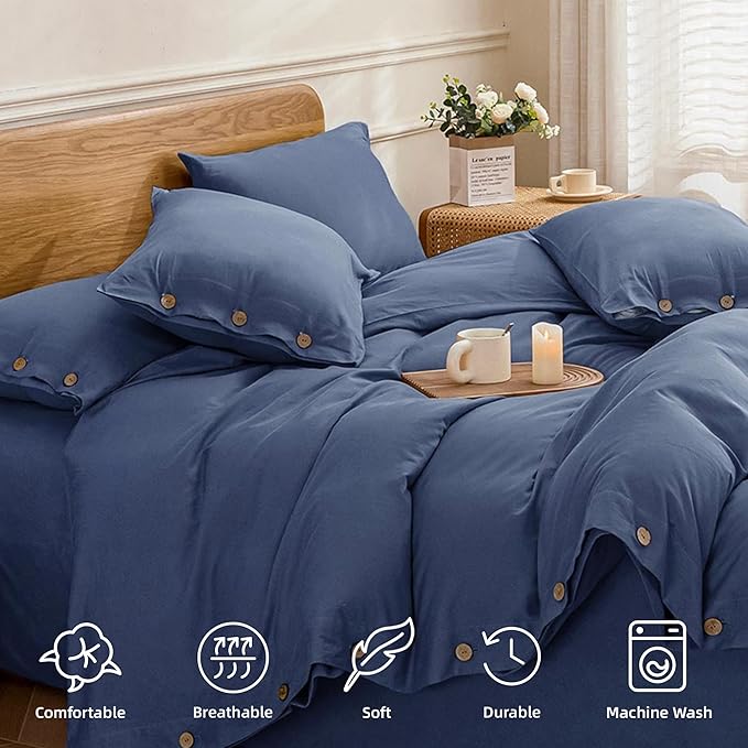 JELLYMONI Cotton Duvet Cover Twin Size - Blue Comforter Cover with Button 100% Washed Cotton 2PCS Breathable Soft Solid Bedding Set Duvet Cover 68×90in & 1 Pillowcase (NO Comforter)